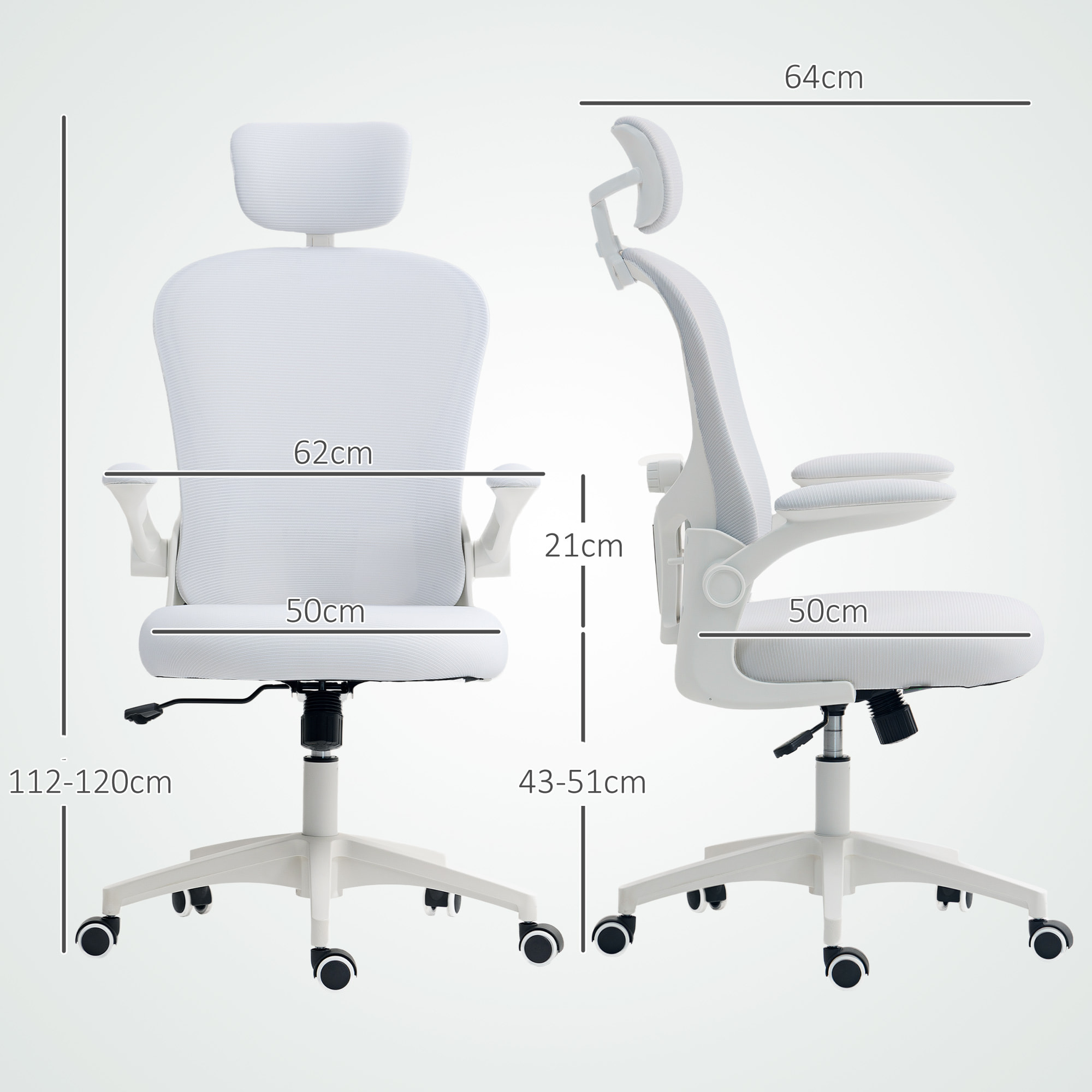 Silla de Oficina de Malla, Silla de Escritorio Giratoria con Función Basculante, Respaldo Alto, Reposacabezas Ajustable, Soporte Lumbar 4D, Brazo Abatible, Altura Ajustable, Blanco