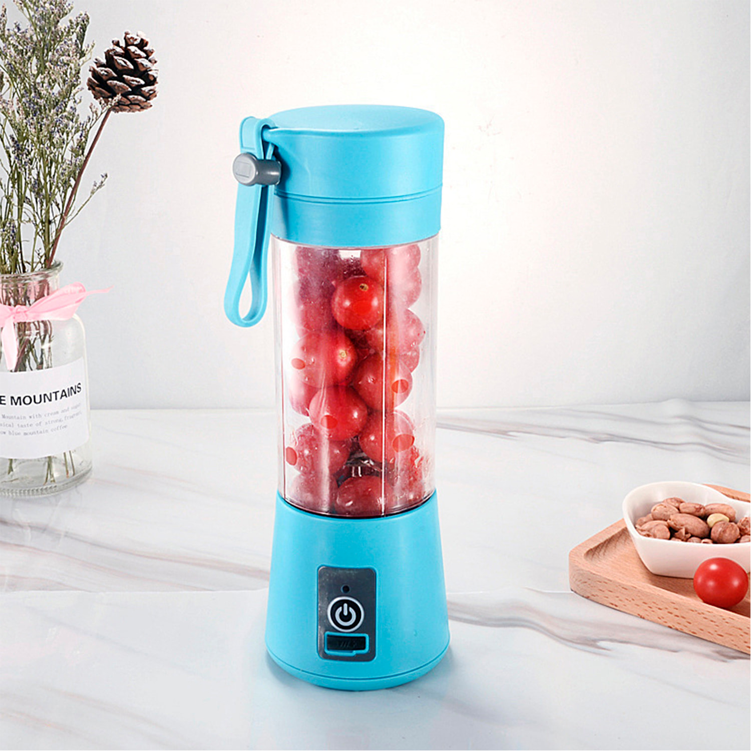 Frullatore elettrico portatile da 380 ml, 15.000 rpm, batteria da 2000 mAh e coperchio con filtro.