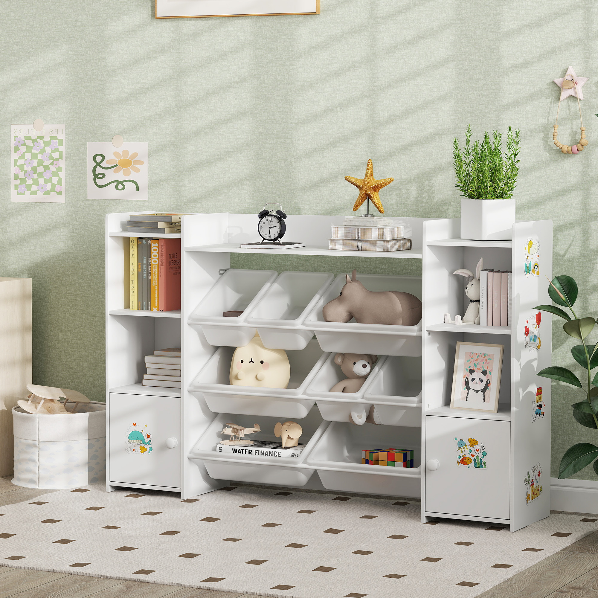 Bibliothèque enfant - rangement à bacs posés x 8 - 4 niches, 3 étagères, 2 portes - blanc