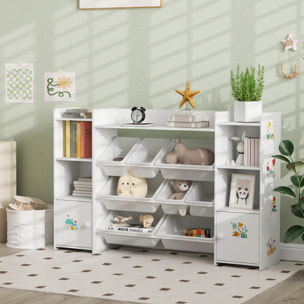 Bibliothèque enfant - rangement à bacs posés x 8 - 4 niches, 3 étagères, 2 portes - blanc