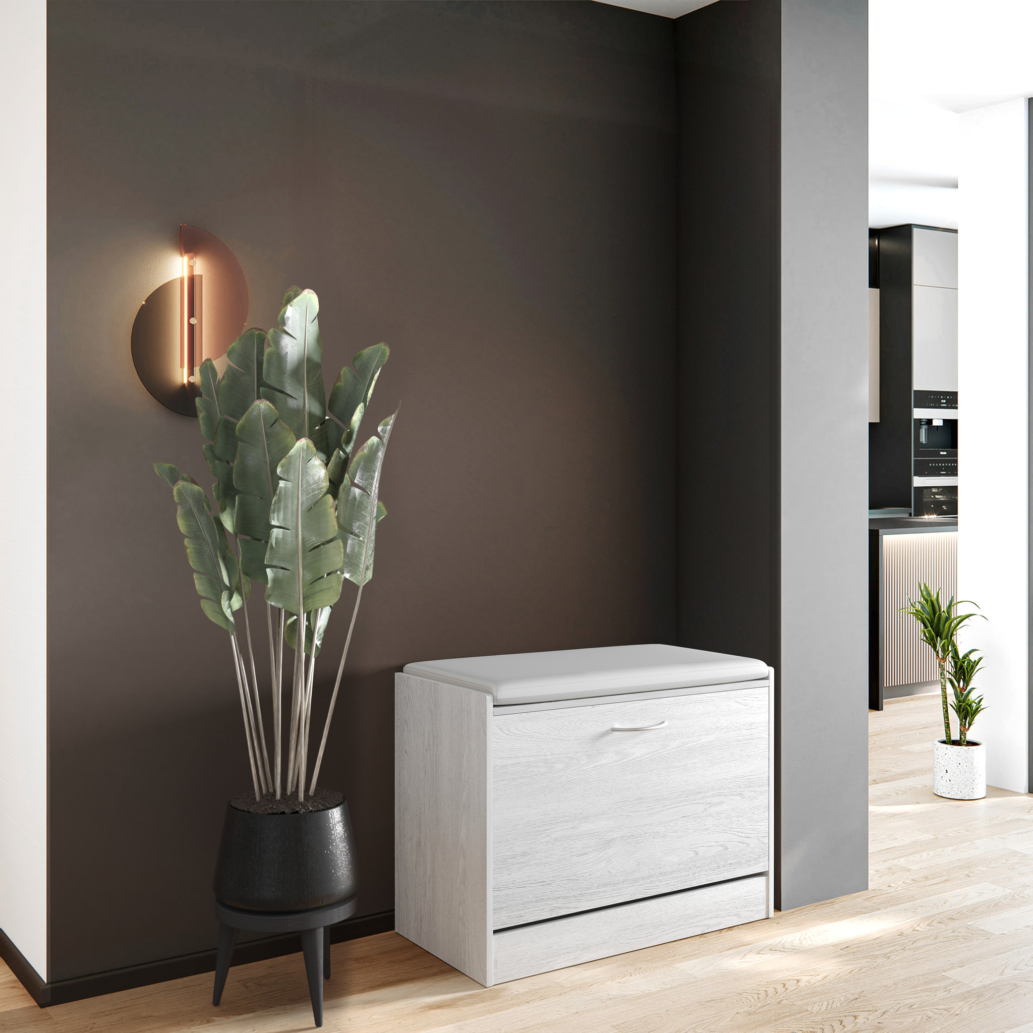 Panca Scarpiera Da Ingresso Salvaspazio Cuscino Anta Ribalta Seduta Imbottita In Ecopelle Soggiorno Casa Camera 60 x 30 x 48 Cm Bianco Frassinato