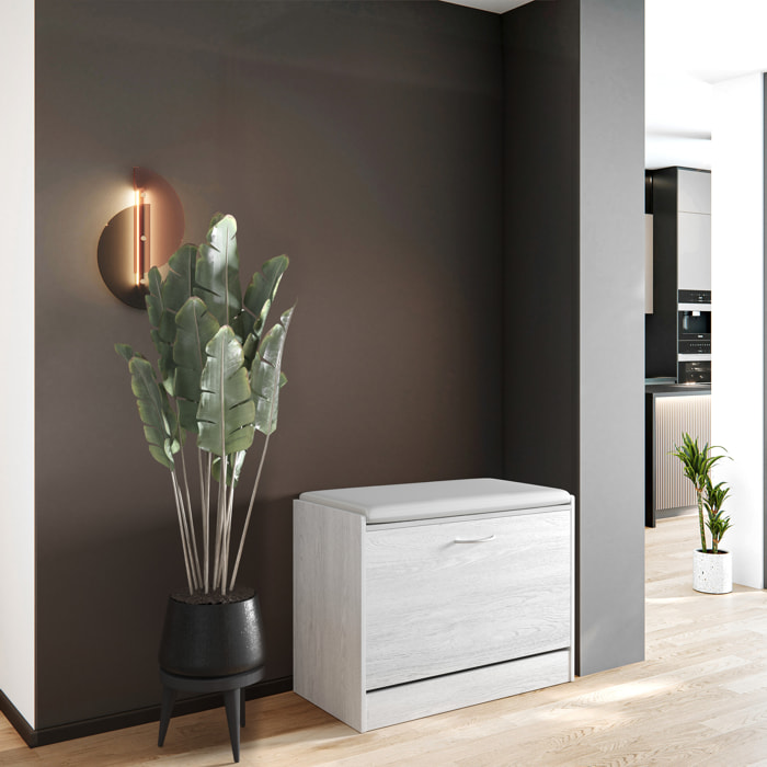 Panca Scarpiera Da Ingresso Salvaspazio Cuscino Anta Ribalta Seduta Imbottita In Ecopelle Soggiorno Casa Camera 60 x 30 x 48 Cm Bianco Frassinato