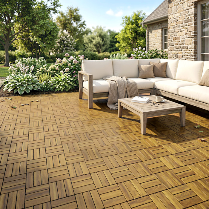 Set de 10 Piezas Baldosas de Exterior de Madera de Acacia, 31x31 cm, 0,91 m², Suelo de Terraza Exterior, Antideslizantes y Resistentes al Clima, Fácil Instalación, para Terraza, Natural