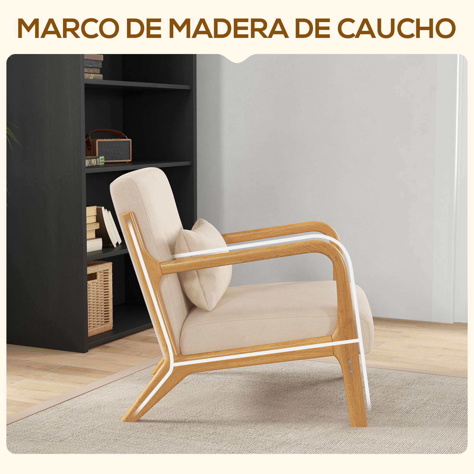 Butaca de Salón Butaca Nórdica Sillón de Salón con Reposabrazos Cojín y Marco de Madera de Caucho para Dormitorio Carga 120 kg 61x78x76 cm Beige