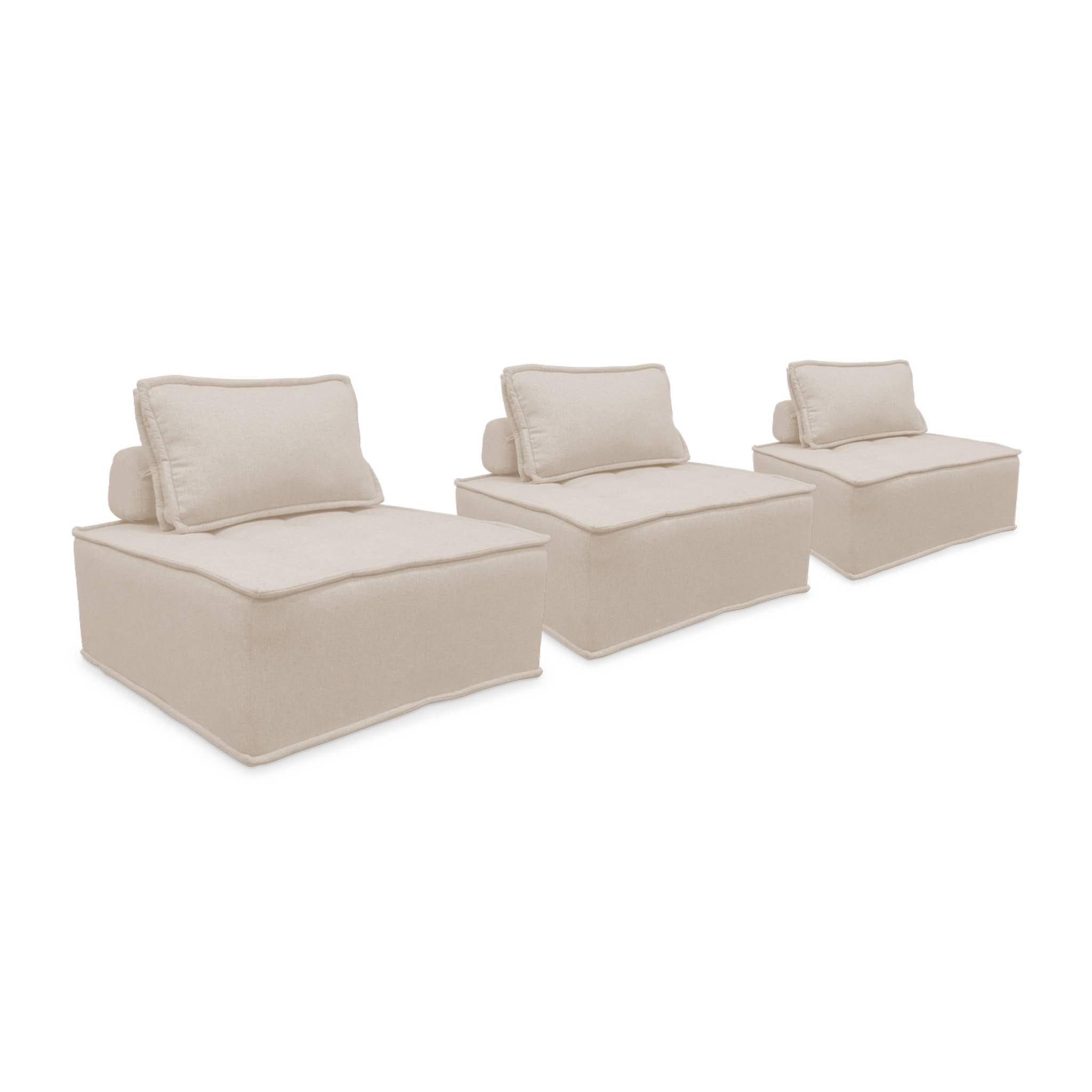 Lot de 3 chauffeuses pour canapé modulables tissu capitonné crème avec 1 coussin