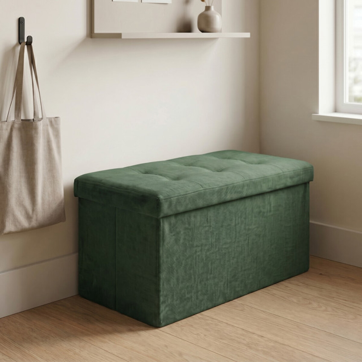 Pouf contenitore imbottito in tessuto con seduta lunga, panca multifunzione con spazio interno, ideale come poggiapiedi, seduta o contenitore, pratico e versatile per soggiorno, camera o ingresso, facile da pulire, dimensioni 76x34x34 cm