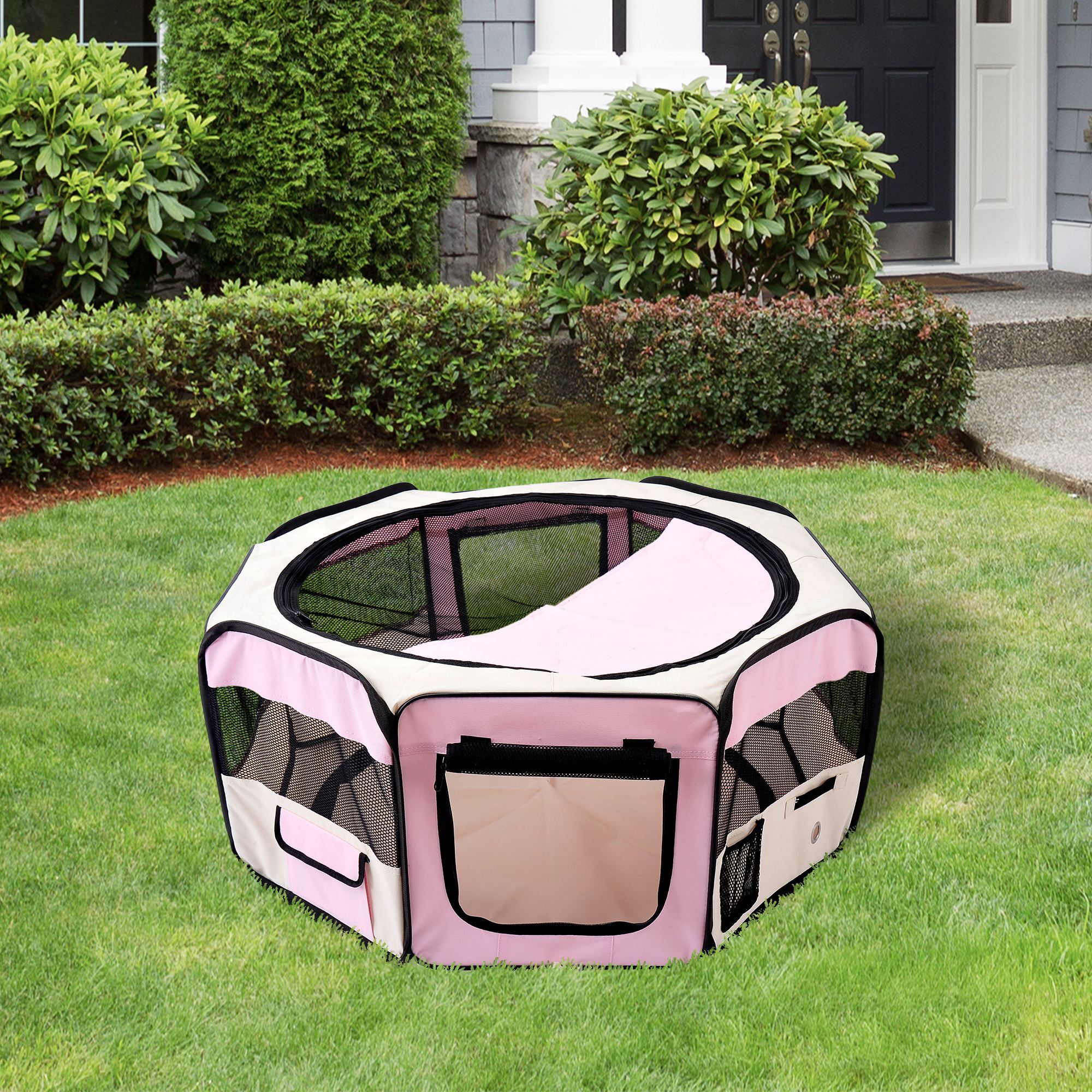 Parque Plegable para Perros y Gatos, Corralito Portátil para Animales Pequeños Impermeable de Tela Oxford con 2 Puertas, para Exterior e Interior, Ø90x41 cm, Rosa