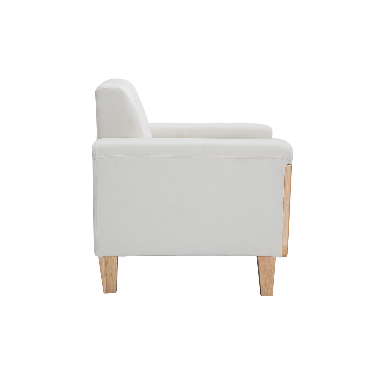 Fauteuil scandinave en tissu effet velours blanc cassé et bois clair FJORD