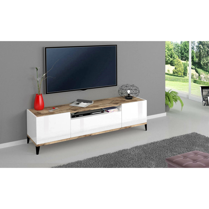 Mobile da soggiorno Porta TV, Made in Italy, Supporto per TV da salotto a 2 ante e 1 cassetto, Cm 160x40h47, Bianco lucido e Acero