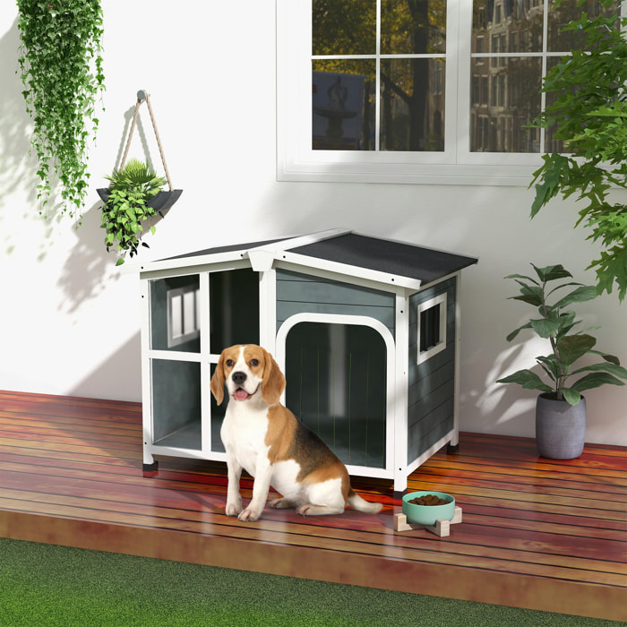 Caseta para Perros Casa para Perros Pequeños de Madera con Techo Abatible Frontal de Acrílico Puerta con Cortina y Fondo Extraíble 101x66,5x70,5 cm Gris Oscuro