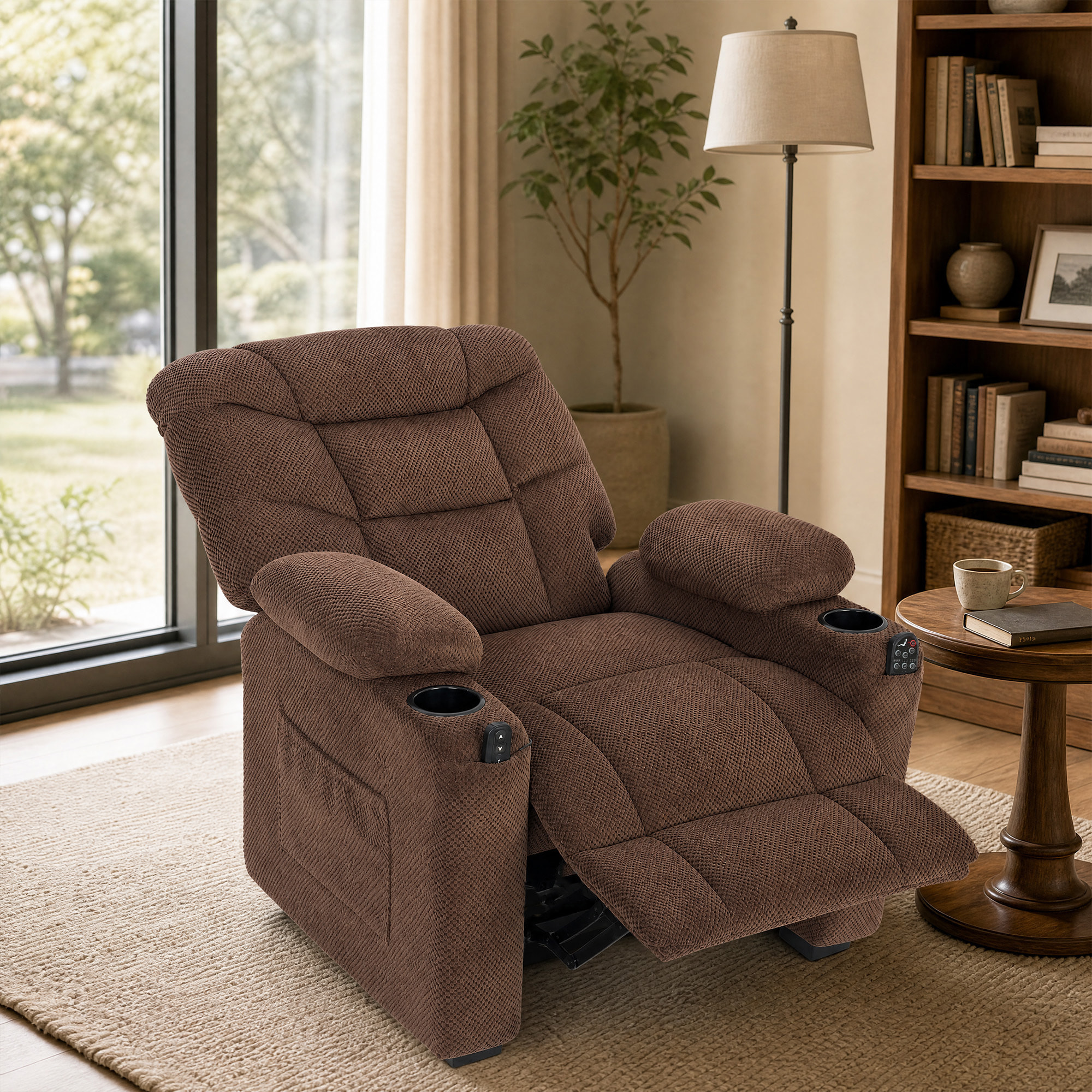 Sillón Relax Reclinable Eléctrico con Calor Lumbar y Masaje Vibración, Sillón Masaje Relax, Motor Silencioso, Función Memoria, Asiento Ancho, Bolsillos, Portavasos, USB, Tela Terciopelo, Marrón