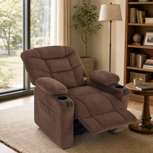 Sillón Relax Reclinable Eléctrico con Calor Lumbar y Masaje Vibración, Sillón Masaje Relax, Motor Silencioso, Función Memoria, Asiento Ancho, Bolsillos, Portavasos, USB, Tela Terciopelo, Marrón