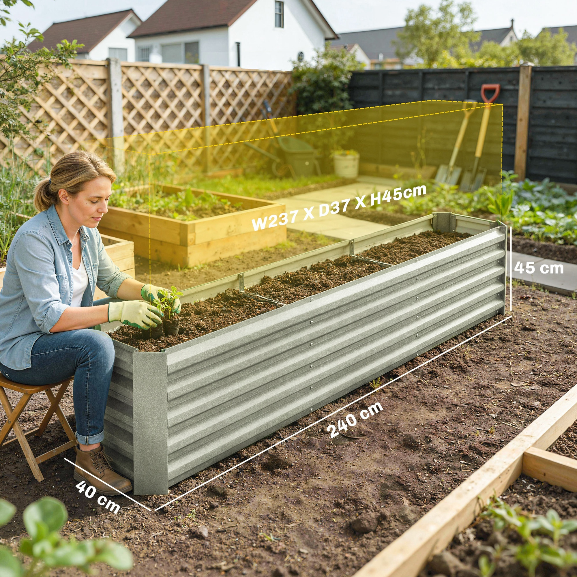 Carré potager de jardin rectangulaire dim. 240L x 120l x 30H cm tôle d'acier ondulée gris métal