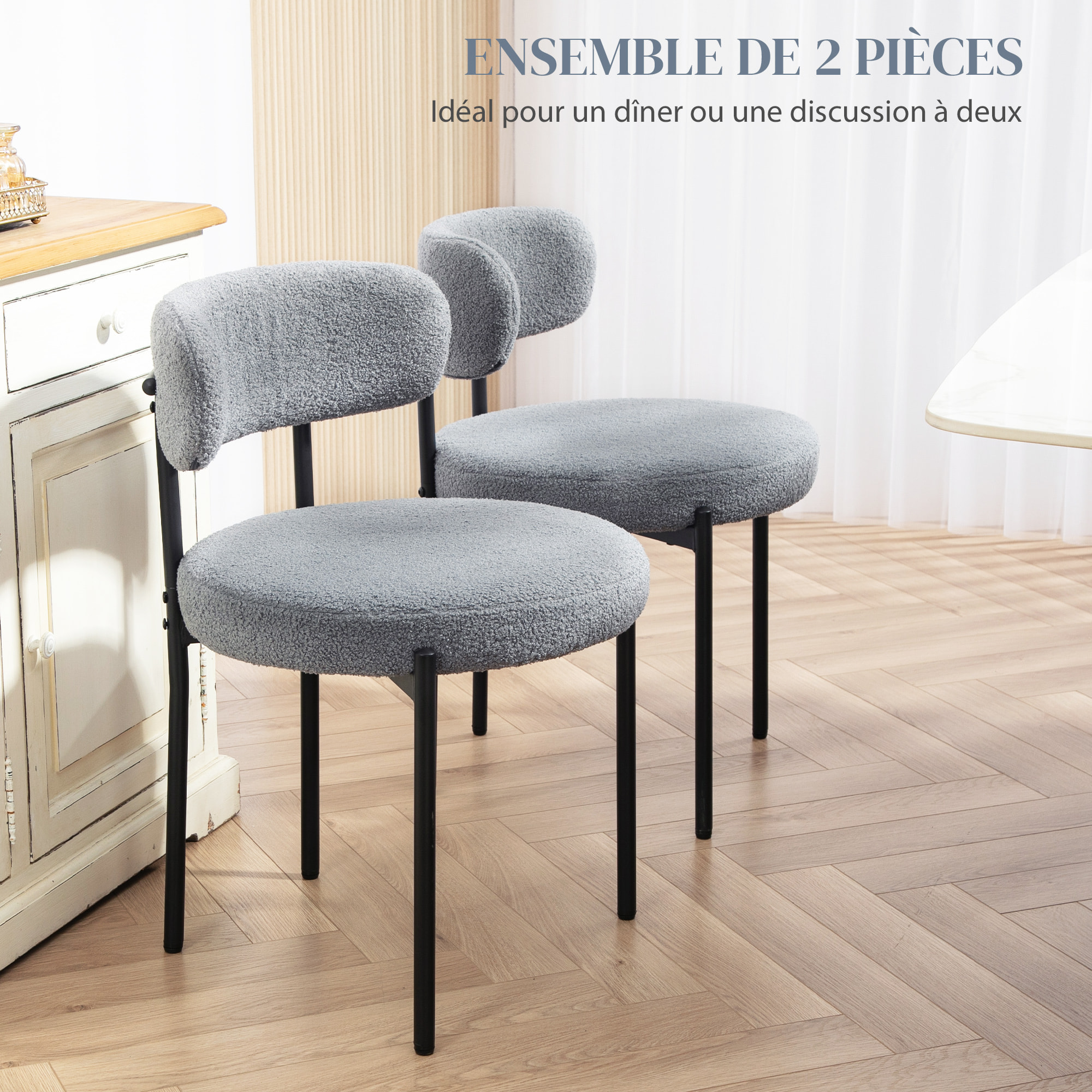 Lot de 2 chaises de salon style néo-rétro - assise ronde, dossier enveloppant - acier noir effet laine bouclée gris