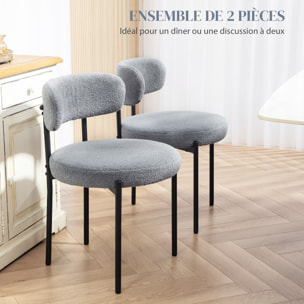 Lot de 2 chaises de salon style néo-rétro - assise ronde, dossier enveloppant - acier noir effet laine bouclée gris