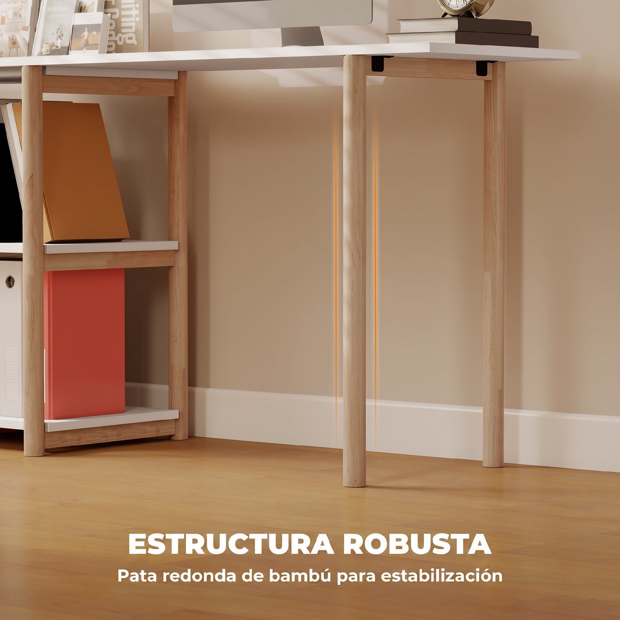 HOMCOM Escritorio Esquinero Plegable, 150 cm, Escritorio en L Moderno con Estantes de Almacenamiento y Marco de Bambú, Montaje Fácil, para Oficina en Casa, Dormitorio, Estudio, Blanco