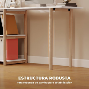 HOMCOM Escritorio Esquinero Plegable, 150 cm, Escritorio en L Moderno con Estantes de Almacenamiento y Marco de Bambú, Montaje Fácil, para Oficina en Casa, Dormitorio, Estudio, Blanco