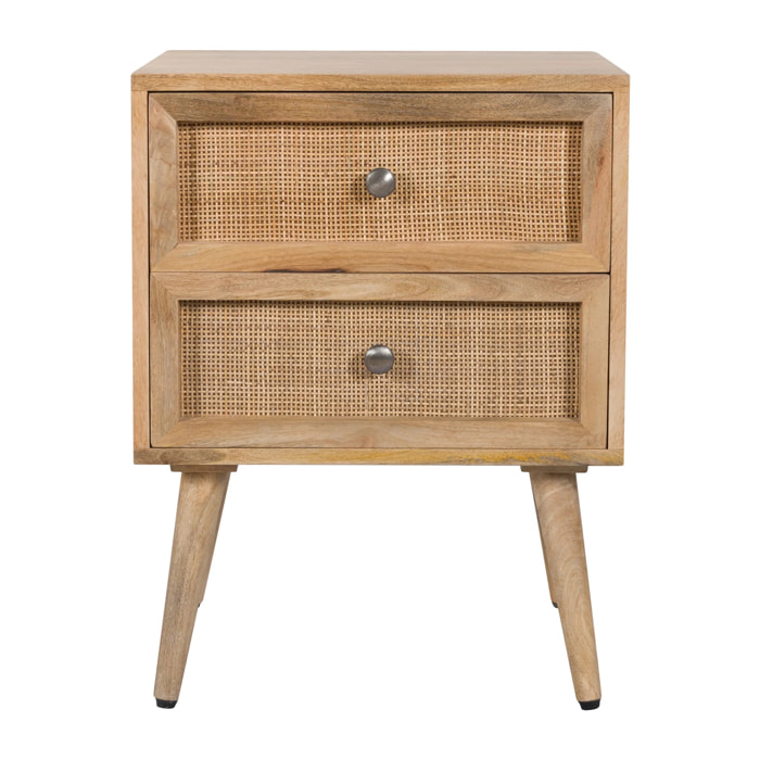 Table de chevet 2 tiroirs en cannage et bois de manguier - Cody