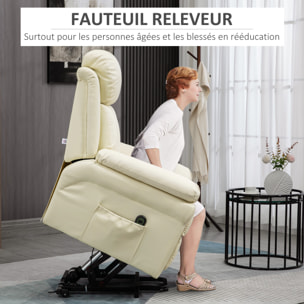 Fauteuil releveur inclinable avec repose-pied ajustable - fauteuil de relaxation électrique - revêtement synthétique crème