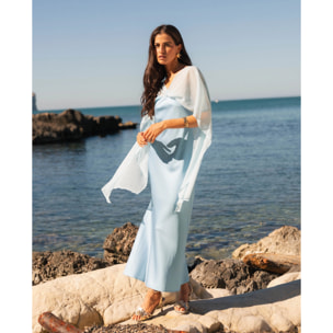 Vestido midi satinado con escote palabra de honor y capa de gasa multiposición