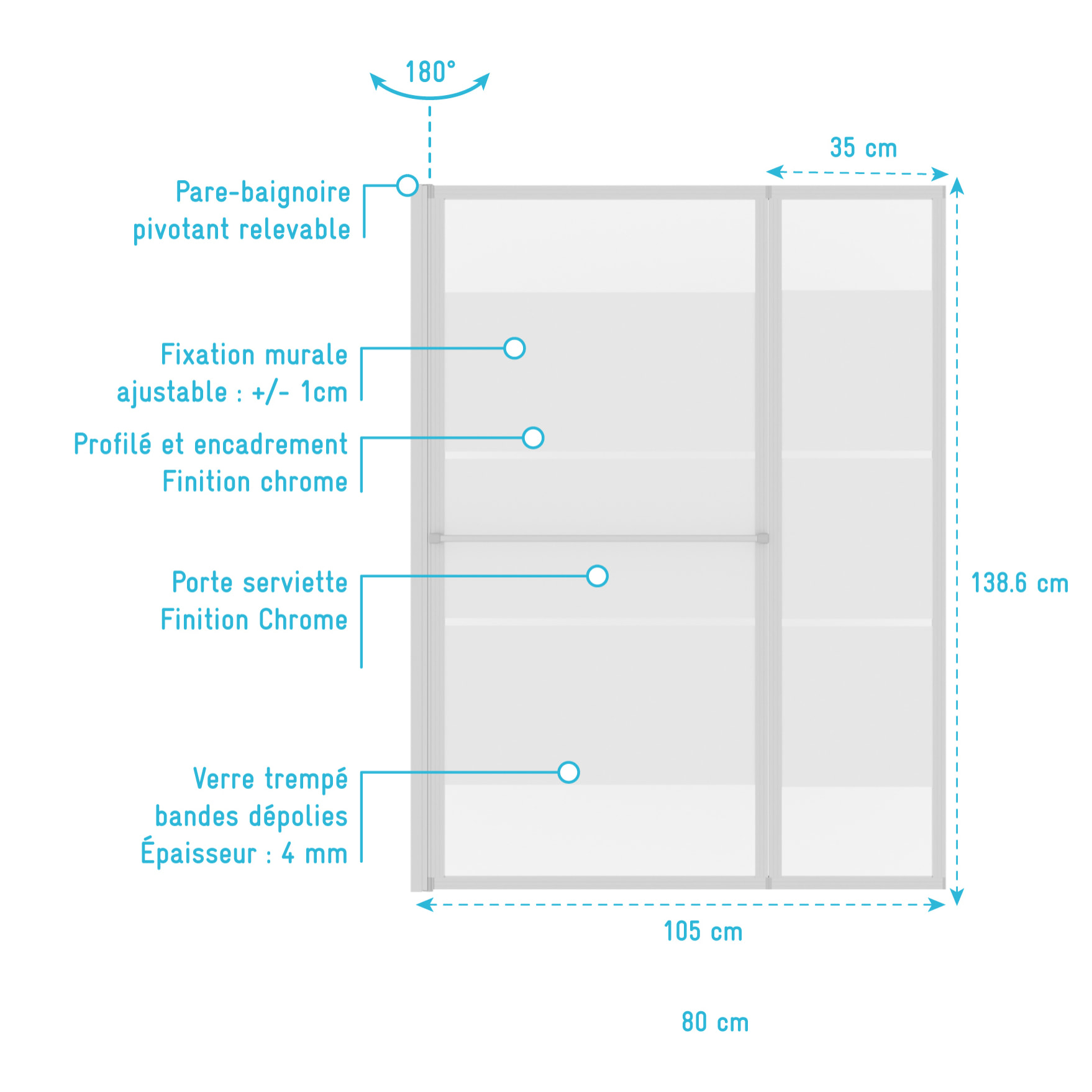 Pare baignoire relevable 139x105cm avec volet - verre transparent avec bande depolie