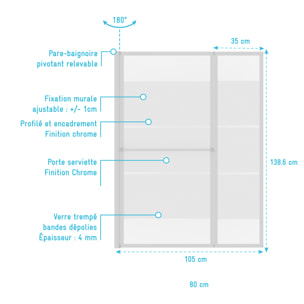 Pare baignoire relevable 139x105cm avec volet - verre transparent avec bande depolie