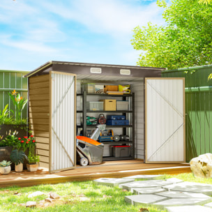 Abri de jardin 3 m² tôle d'acier 2 portes verrouillables 2 évents toit incliné effet bois clair marron