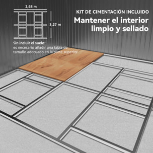 Caseta de Jardín Exterior, 12,4 m² 340x386x200 cm Cobertizo de Jardín Exterior Metálico con Puerta Corredera Base Refuerzo (Suelo NO Incluido) y Ventanas Ocre Oscuro