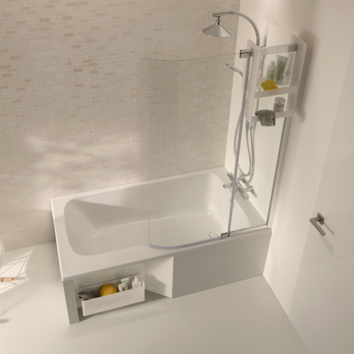 Baignoire bain douche Malice + tablier + pare bain + étagère