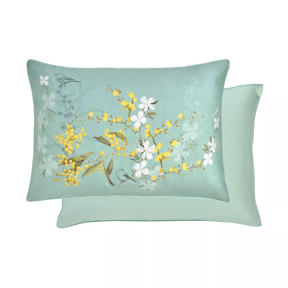 Taie d'oreiller satin de coton imprimé bleu Mimosas d'ete turquoise