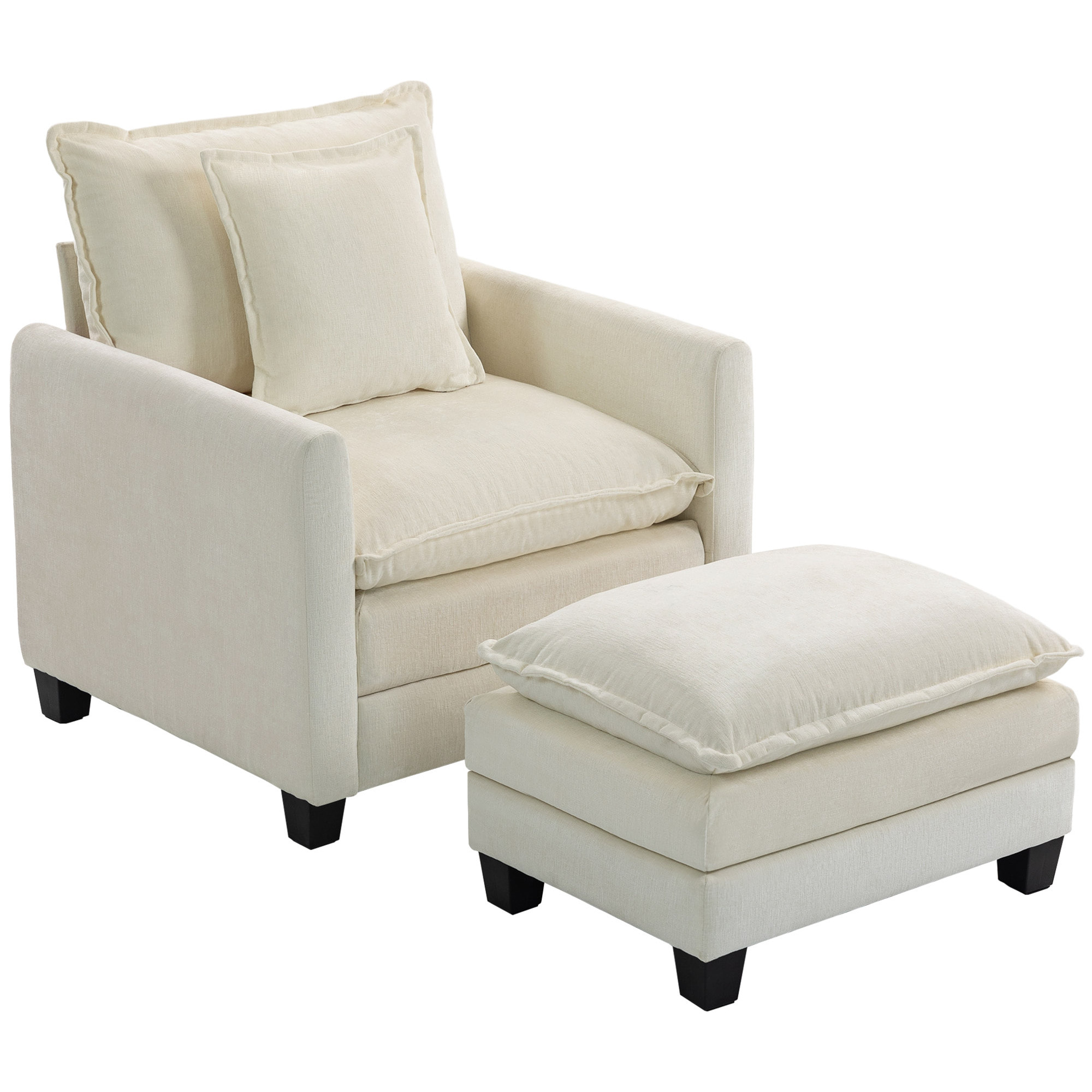 Fauteuil salon avec repose-pieds grand confort tissu chenille crème