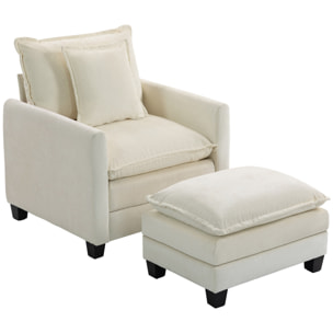 Fauteuil salon avec repose-pieds grand confort tissu chenille crème