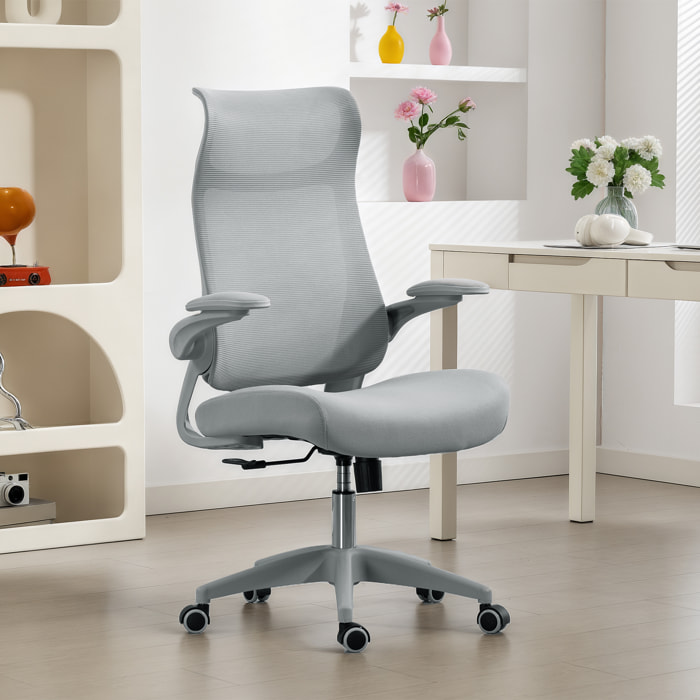 Silla de Oficina Ergonómica Giratoria, con Soporte Lumbar y Reposabrazos 3D Abatibles, Silla de Escritorio de Malla con Reposacabezas Integrado, Función Basculante, Altura Ajustable, Gris