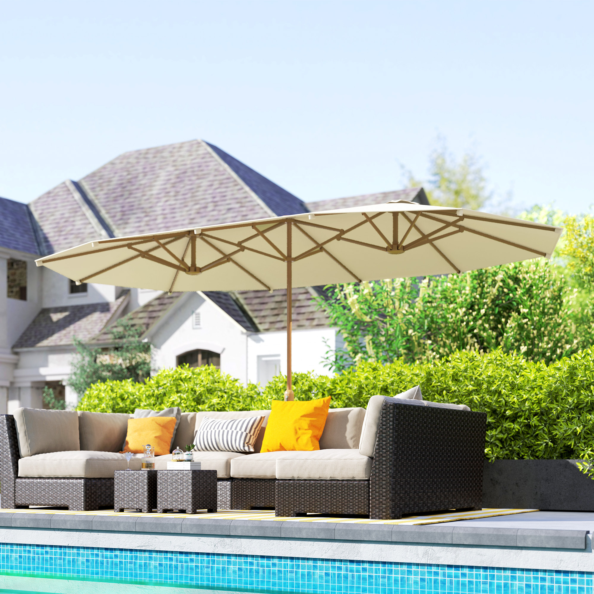 Sombrilla Doble 4,55x2,65 m Sombrilla Terraza Exterior con Manivela Manual Resistente al Agua y Protección Solar Sombrilla Grande para Terraza Playa Piscina Crema