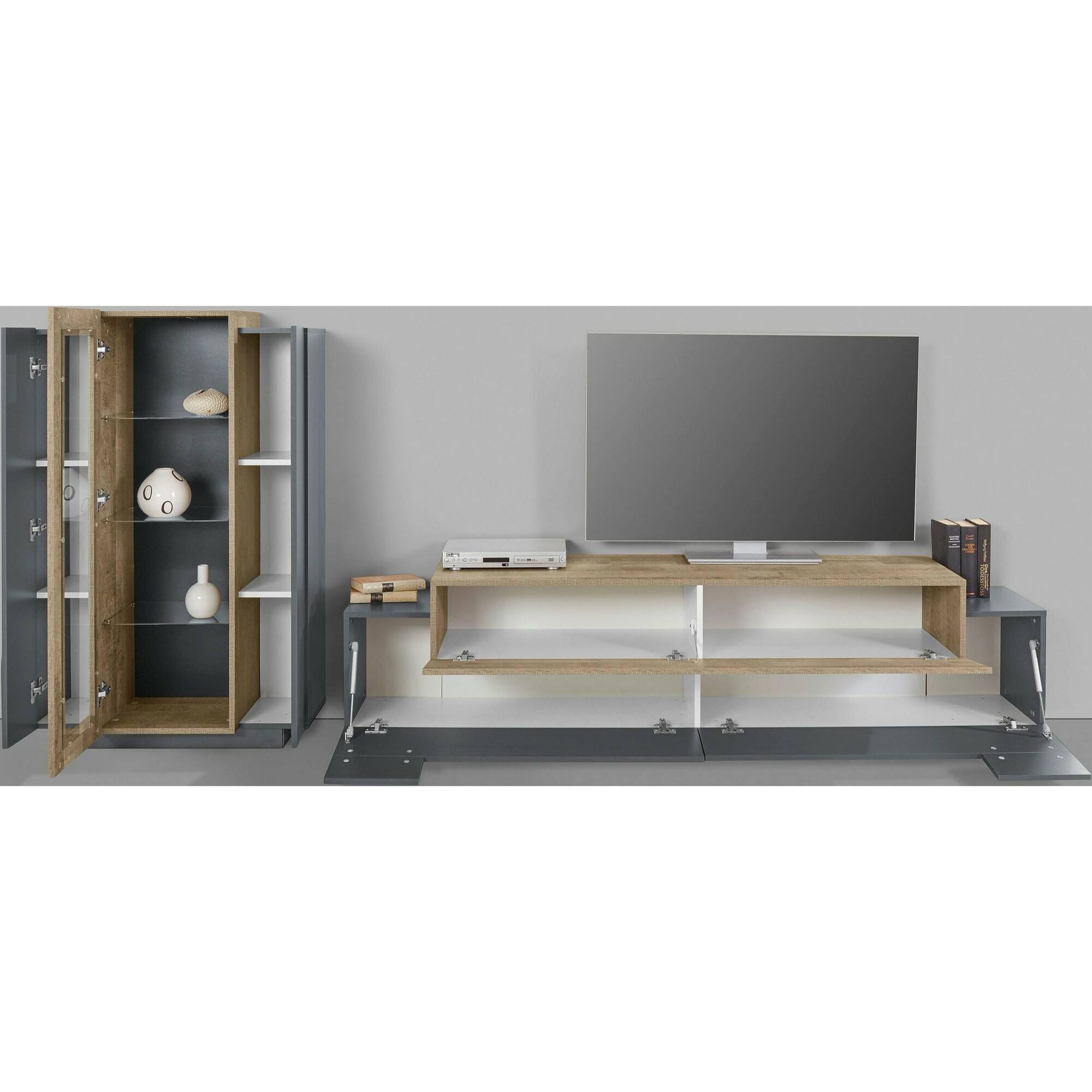 Parete attrezzata Isaia, Set salotto porta TV, Mobile soggiorno multiuso, 100% Made in Italy, cm 280x45h120, Antracite e Rovere