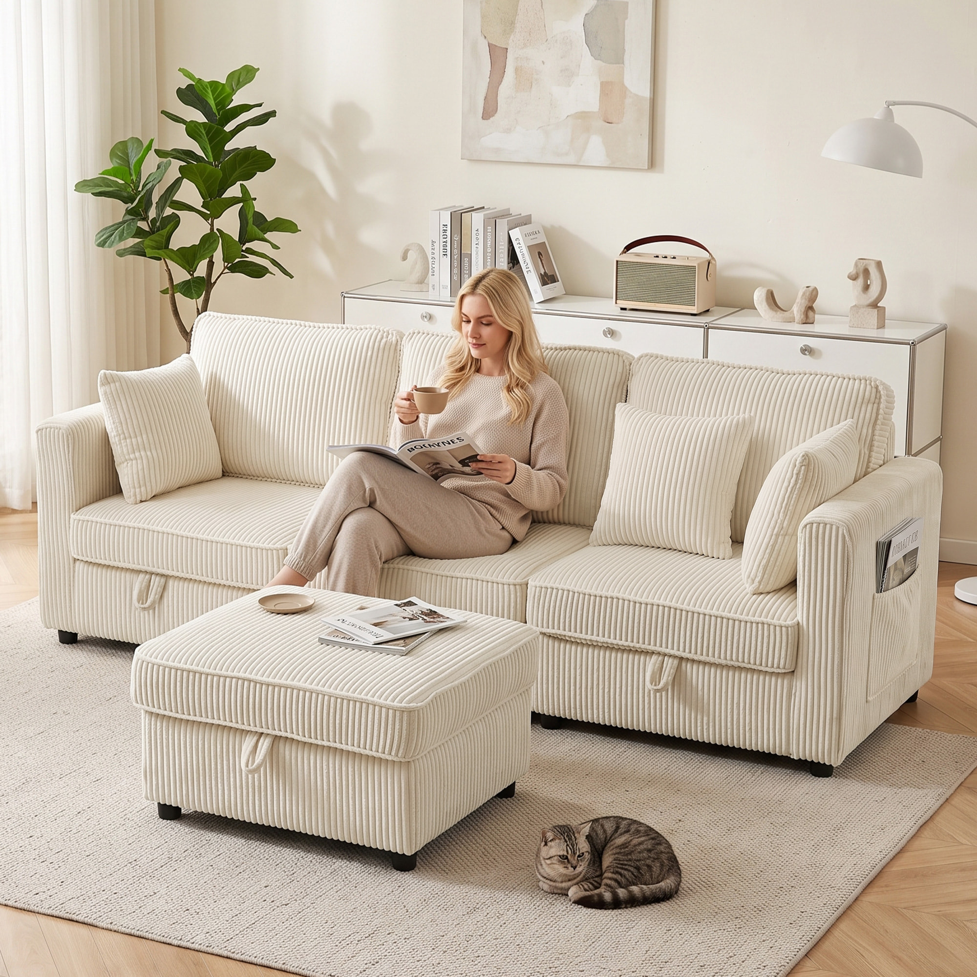HOMCOM Sofá de 3 Plazas Seccional con Almacenaje, 235 cm, Sofá Modular de Pana con Otomana Reversible, en Forma de L, Asiento Ancho y Profundo, 3 Almohadas, Bolsillos Laterales, Crema
