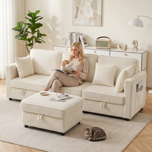 HOMCOM Sofá de 3 Plazas Seccional con Almacenaje, 235 cm, Sofá Modular de Pana con Otomana Reversible, en Forma de L, Asiento Ancho y Profundo, 3 Almohadas, Bolsillos Laterales, Crema