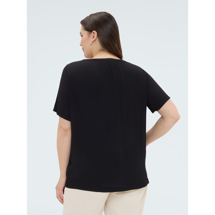 Fiorella Rubino - T-shirt bimaterica con ricamo floreale - Nero