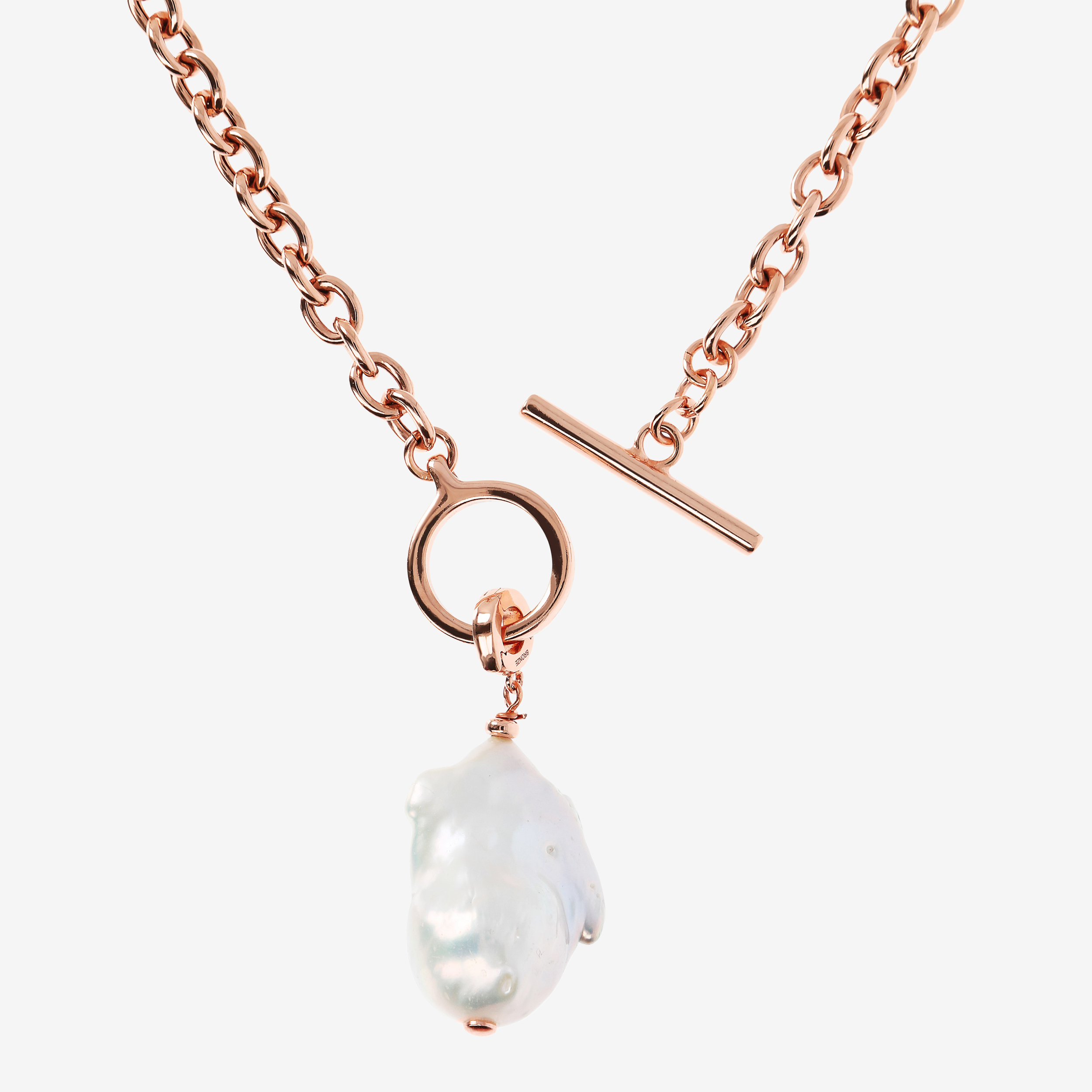 Collana Girocollo Catena Rolo e Pendente con Perla Scaramazza d'Acqua Dolce Bianca in Argento 925 placcato Oro rosa 18Kt