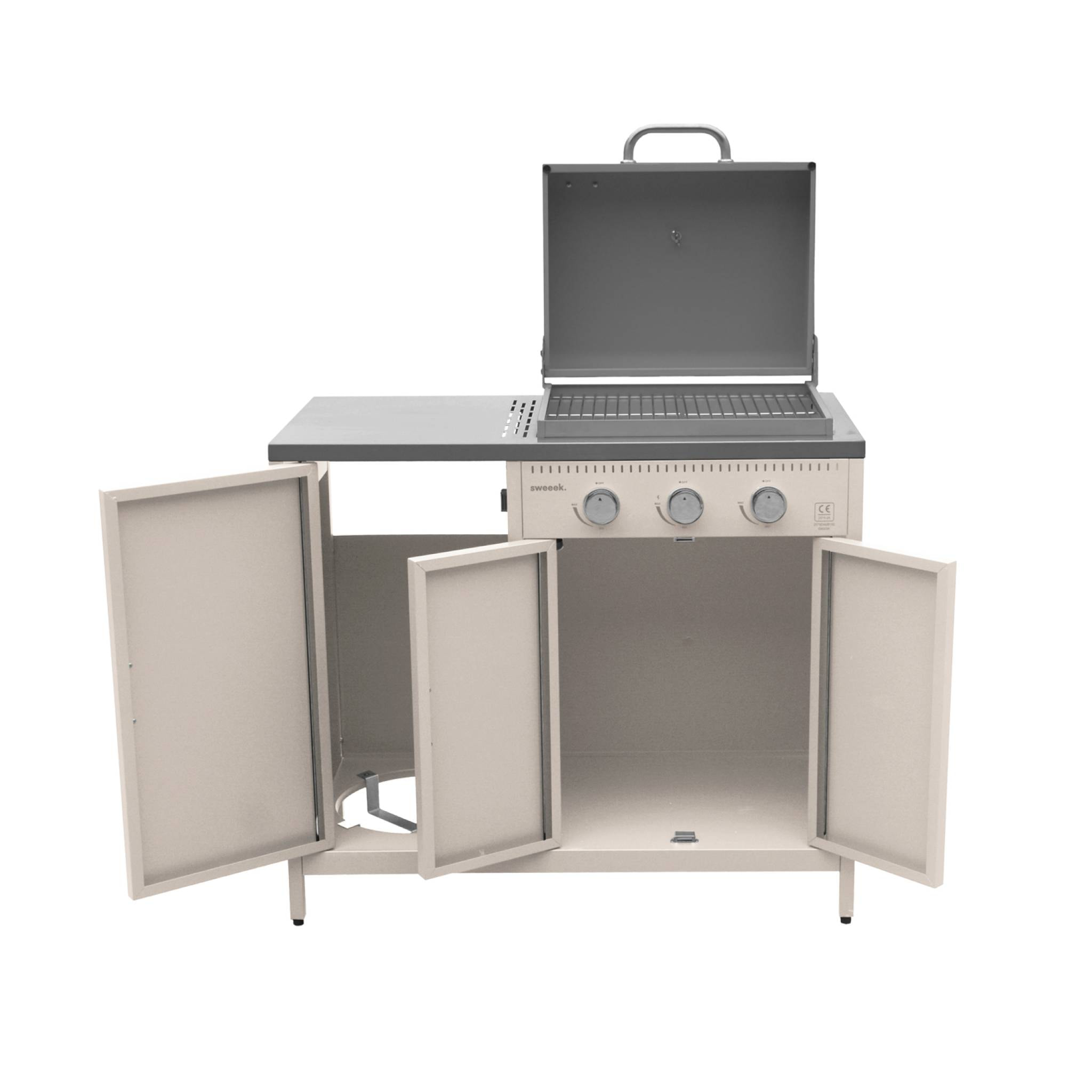 Barbecue gaz 3 brûleurs. beige. 3 portes et 2 espaces de rangement
