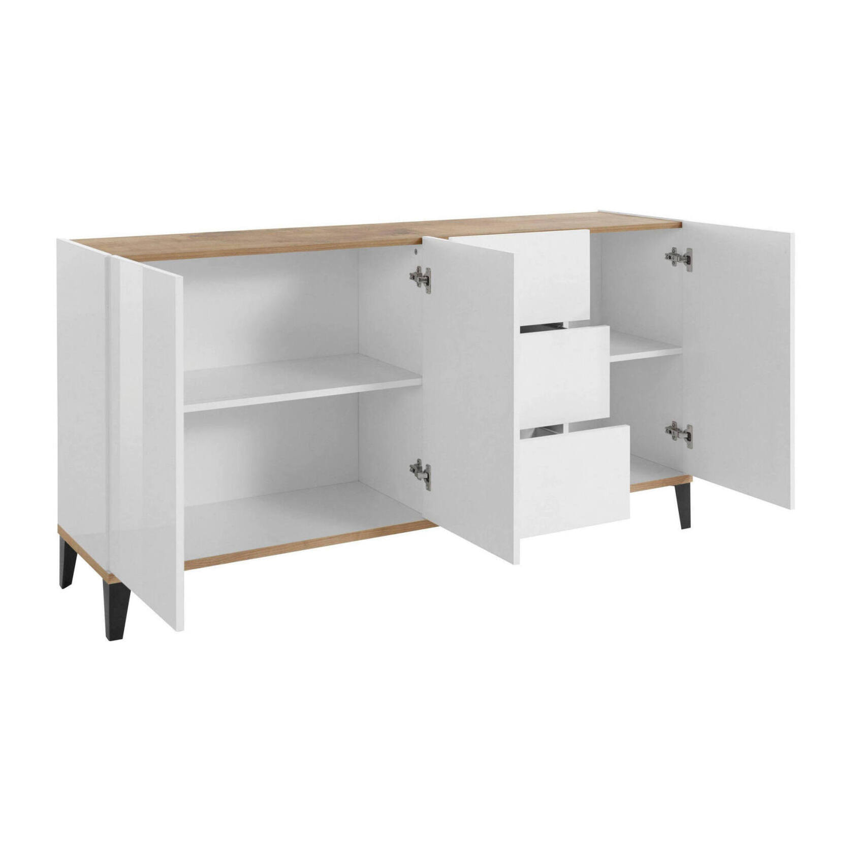 Credenza moderna a 3 ante e 3 cassetti, Made in Italy, Madia da cucina rialzata, Buffet di design da soggiorno, Cm 160x40h82, Bianco lucido e Acero