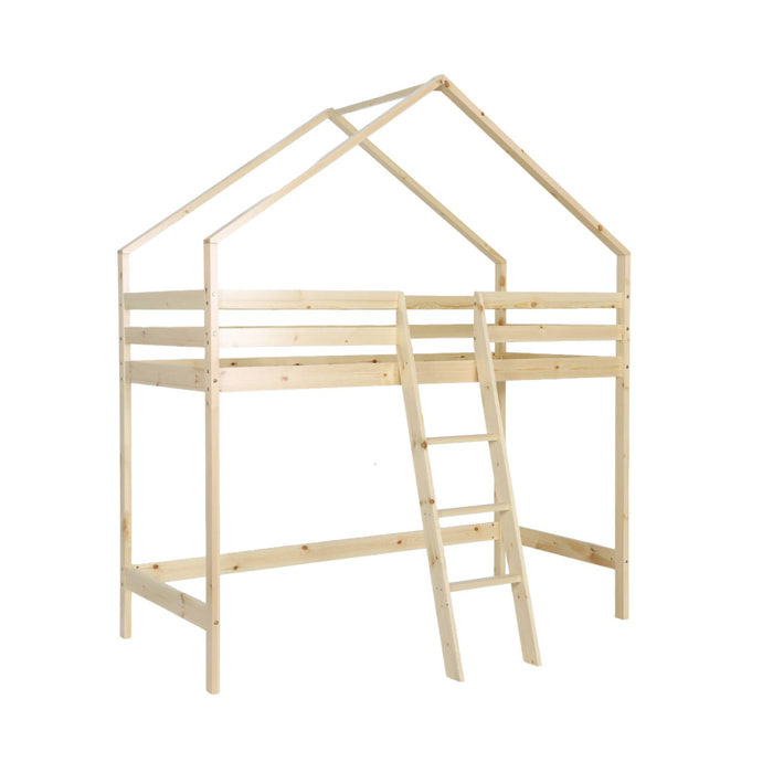 Lit enfant mezzanine cabane 90 x 190 cm pin naturel ROYA