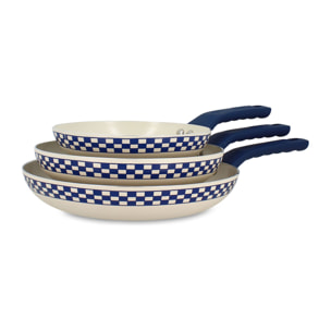 Lot de 3 poêles en aluminium recyclé et antiadhésif bleu - tout feux GINETTE