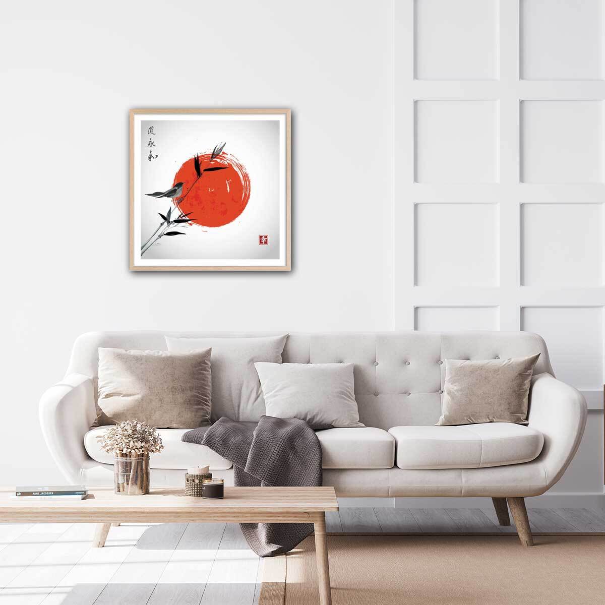 Affiche shinto et son rossignol Affiche sous cadre bois