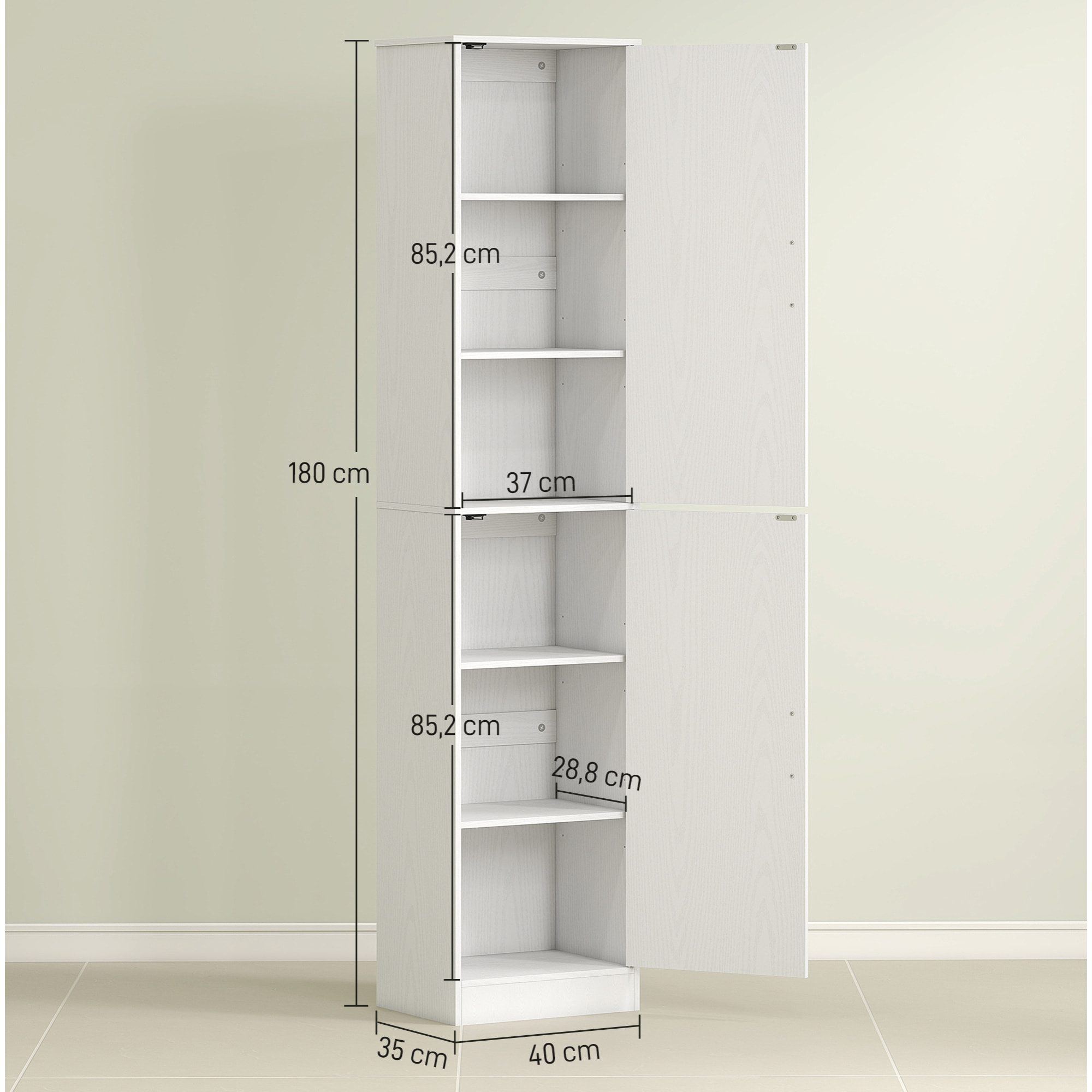 Colonne salle de bain H180 cm - 2 portes, 4 étagères réglables - effet bois blanc