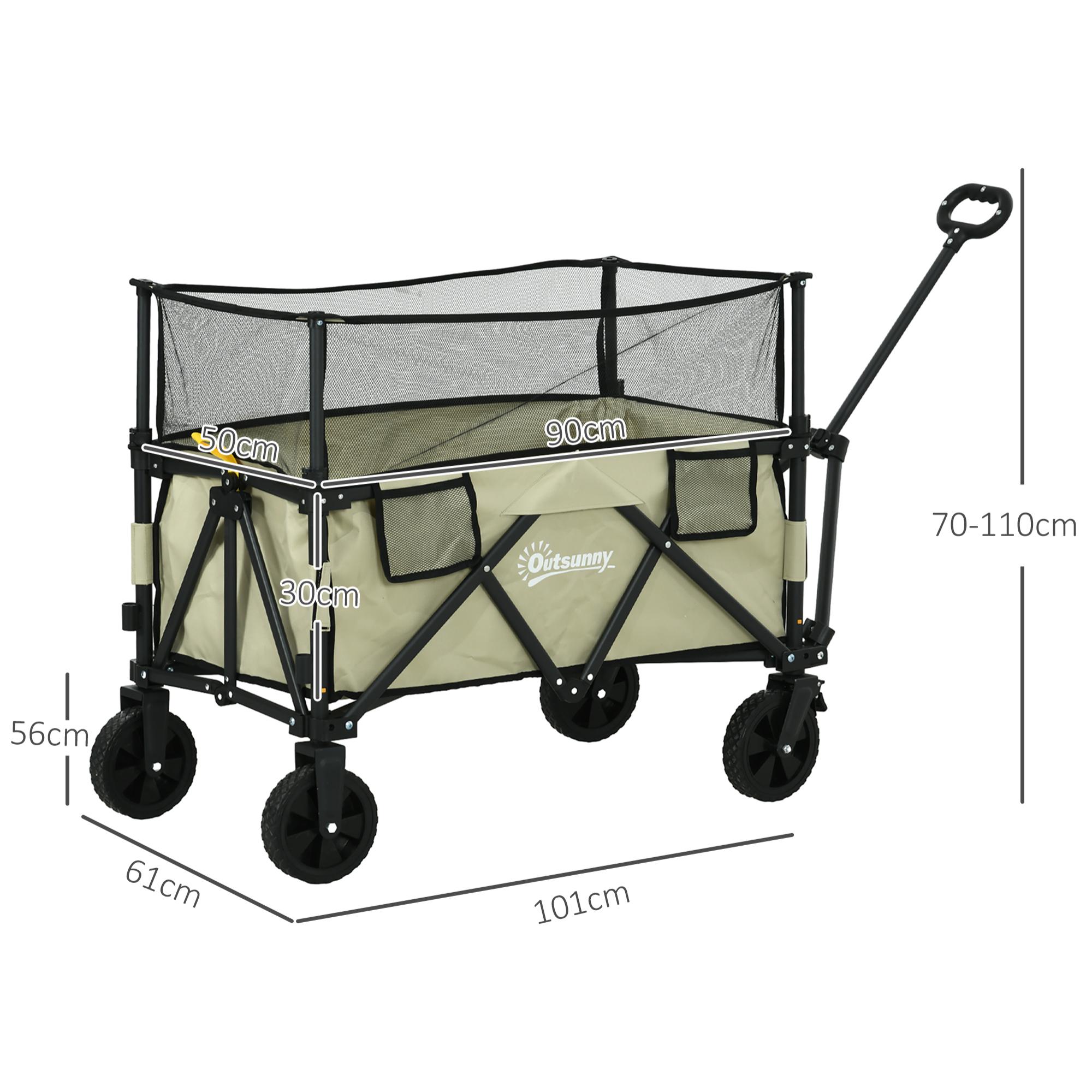 Carro de Jardín 180 L Carro Plegable con Longitud y Ángulo del Mango Ajustables y Paredes Laterales Extensibles Carga 120 kg para Patio Playa Caqui