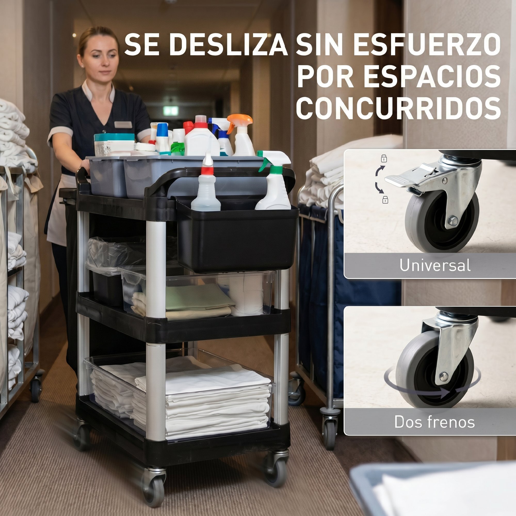 Carro de Limpieza con Ruedas, Carro de Servicio con 3 Estantes, 2 Contenedores y Cubo Lateral Colgante, Estructura de Aluminio, Carga 100 kg, 115x50x100 cm, Negro