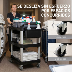 Carro de Limpieza con Ruedas, Carro de Servicio con 3 Estantes, 2 Contenedores y Cubo Lateral Colgante, Estructura de Aluminio, Carga 100 kg, 115x50x100 cm, Negro