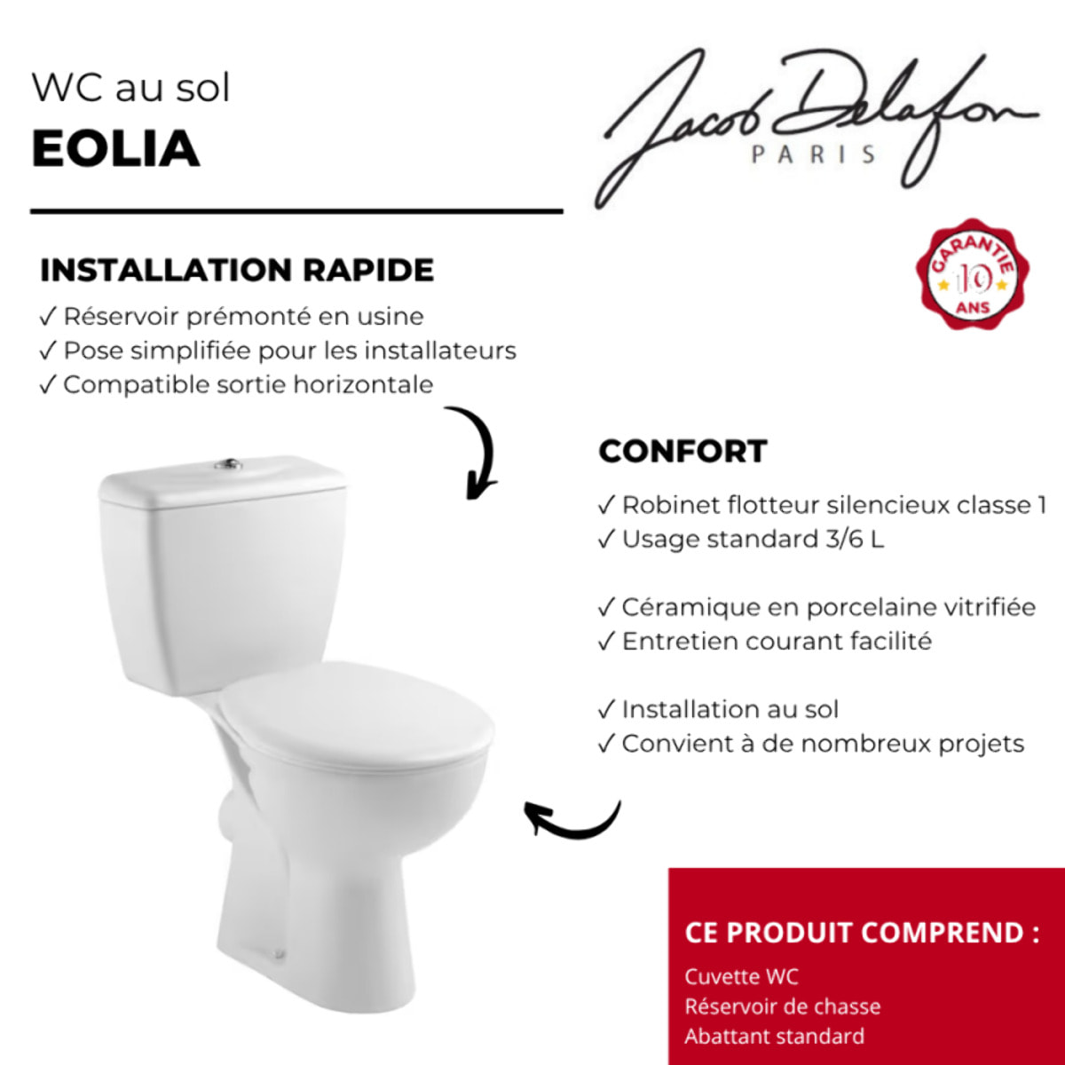 WC à poser sortie horizontale Eolia avec abattant