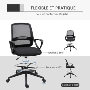 Chaise de bureau assise haute réglable dim. 59L x 60l x 102-126H cm pivotant 360° tissu maille respirante noir